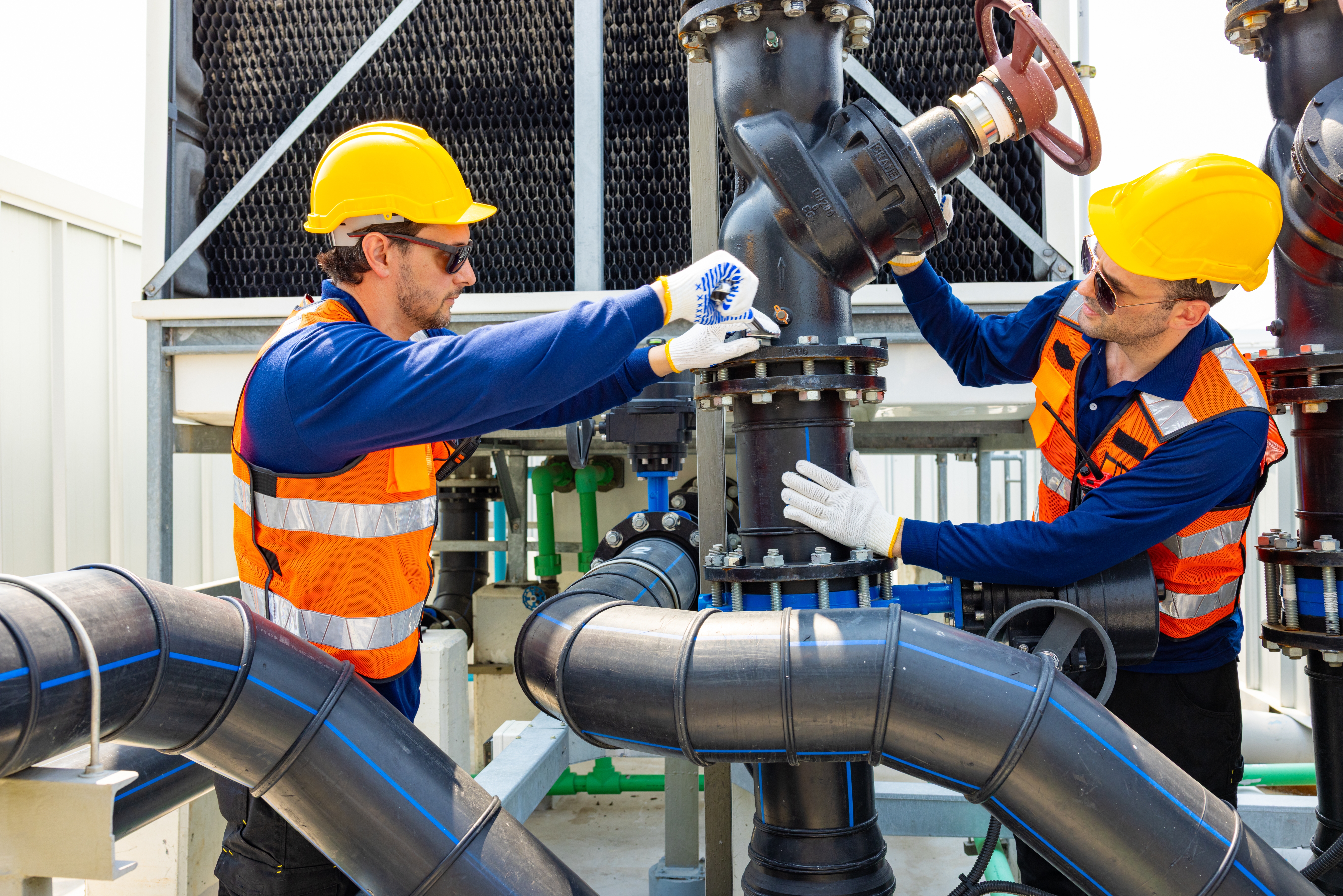 Two,Industrial,Technicians,In,Safety,Helmets,And,Vests,Adjusting,A gas valve