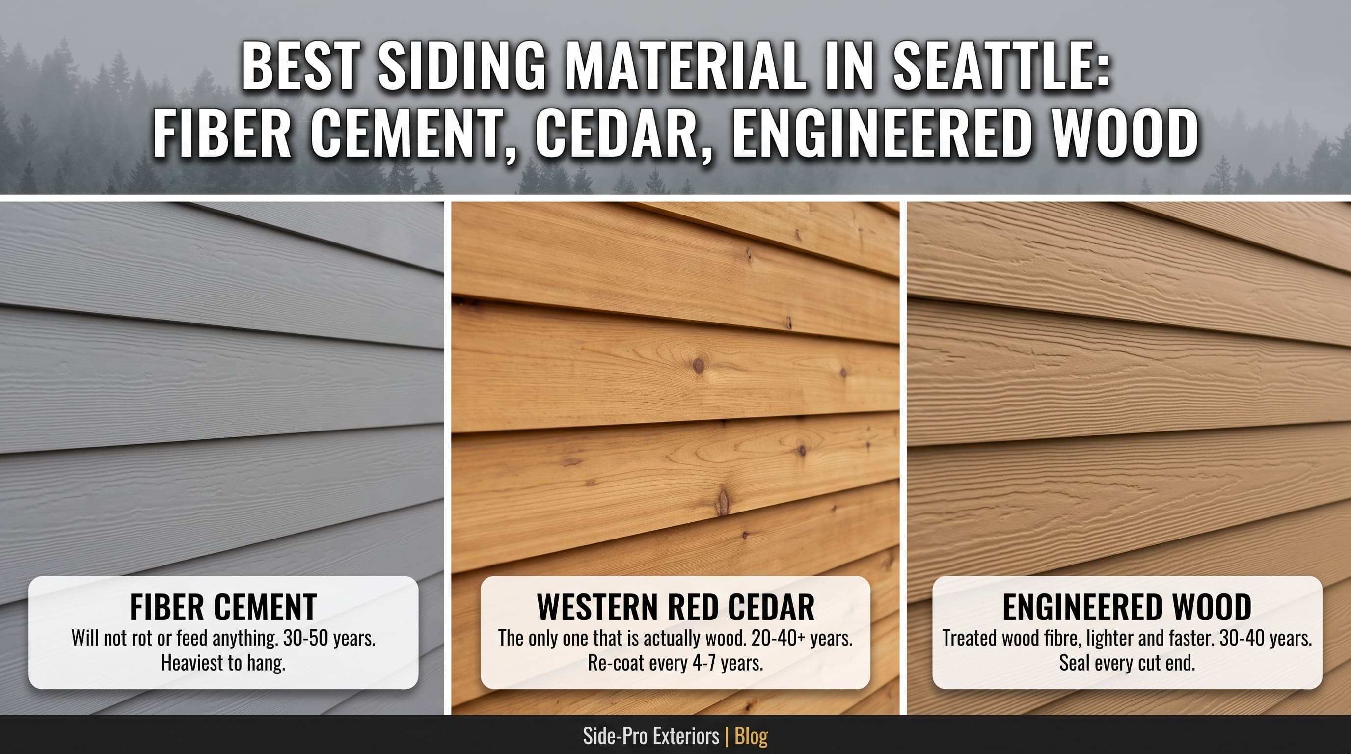 Fiber cement, western red cedar and engineered wood lap siding compared side by side for Seattle homes.