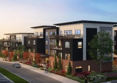 Multi-family building with balconies and mixed cladding in a Pacific Northwest streetscape