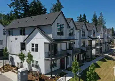 Aerial view of a townhome community street