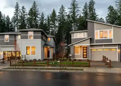 Twilight street of newly sided homes
