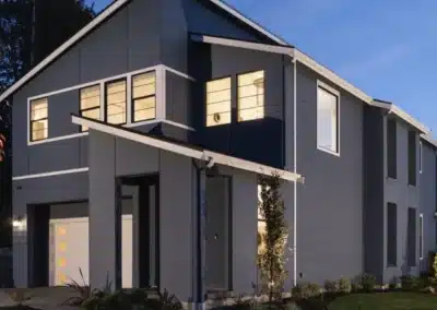 Charcoal modern home at twilight