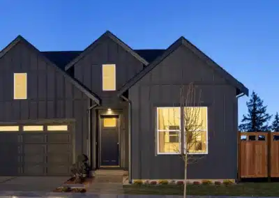 Dark board and batten siding at a home entry