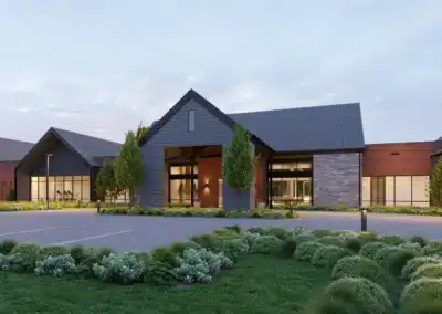 Clubhouse exterior with mixed siding materials