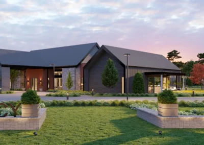 Clubhouse exterior with landscaped grounds