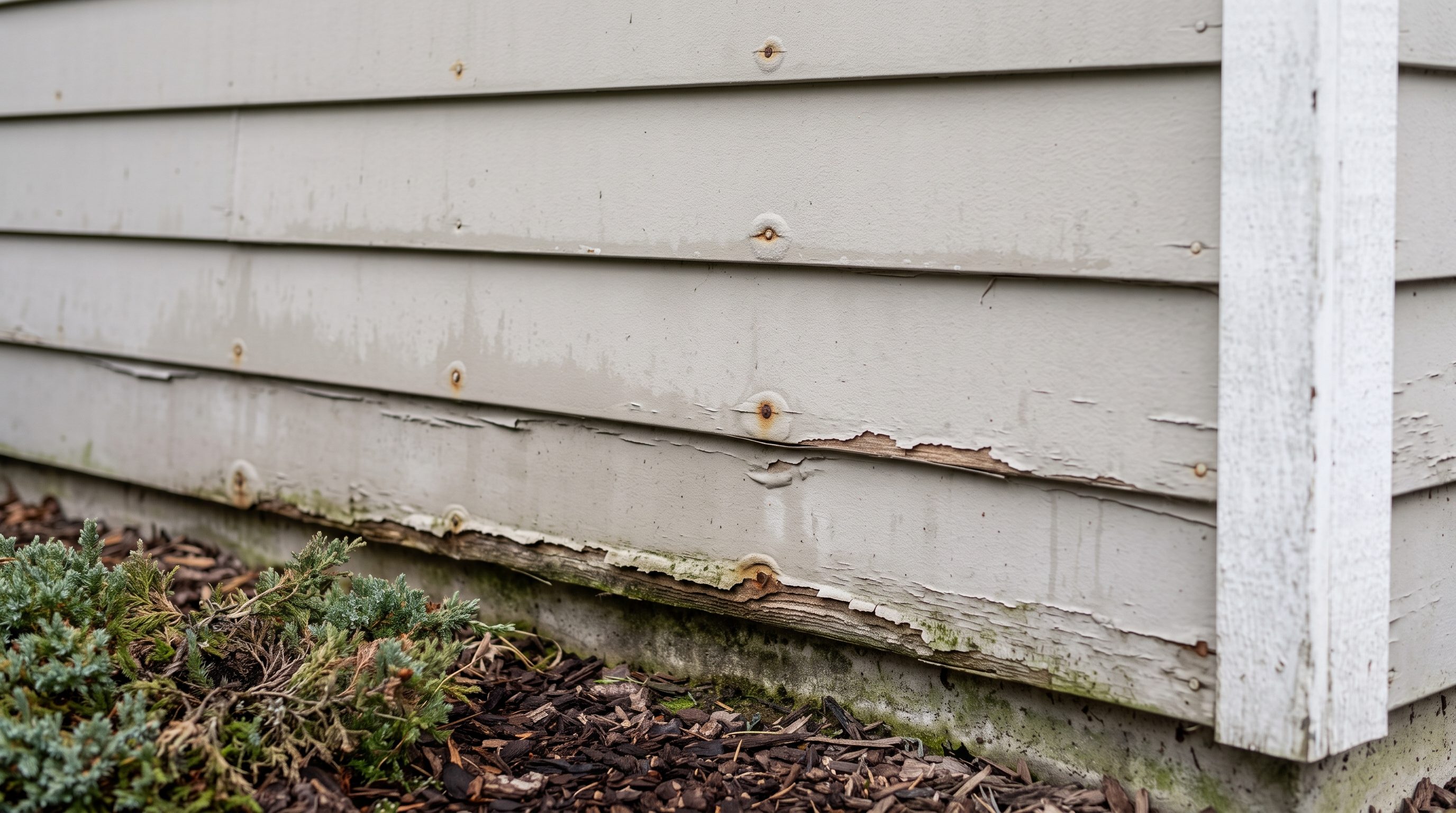 Failing hardboard siding on a Seattle-area home, with swollen delaminating boards and flaking paint along the bottom edge.