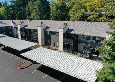 Aerial view of the finished siding and rooflines at Redmond Park.